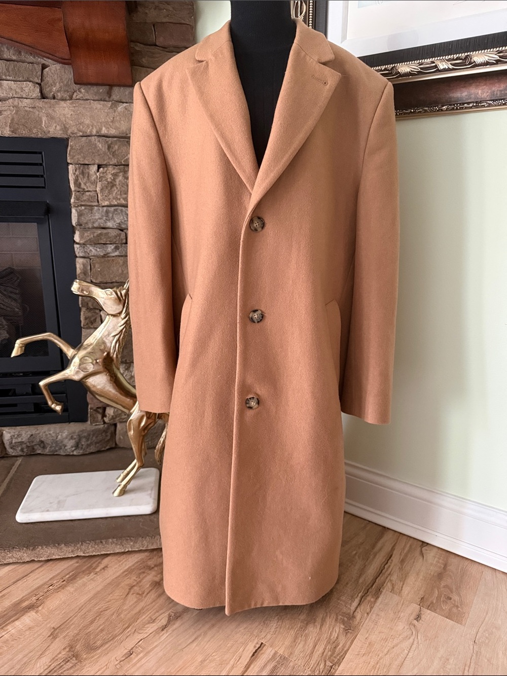 London Fog Camel Single Breasted Wool Blend Overcoat Top Coat Men's 42 Long